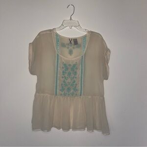 BKE Boutique Cream Blouse with Blue Embroidery